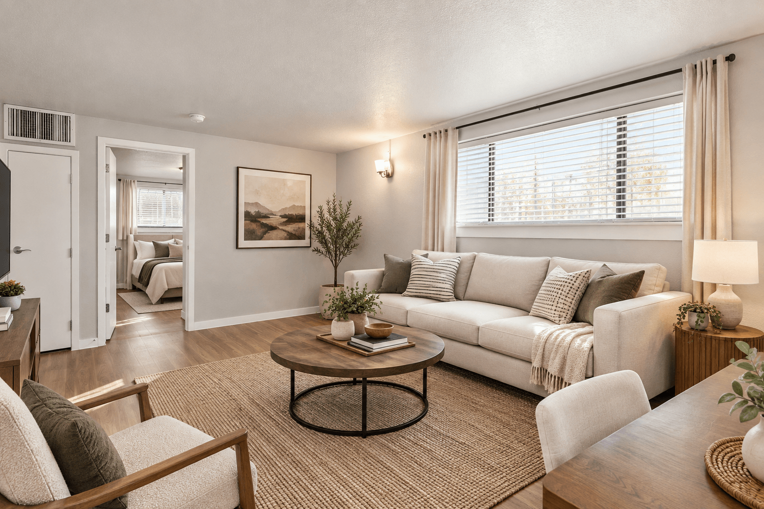 A living room with a couch, chair, and coffee table.